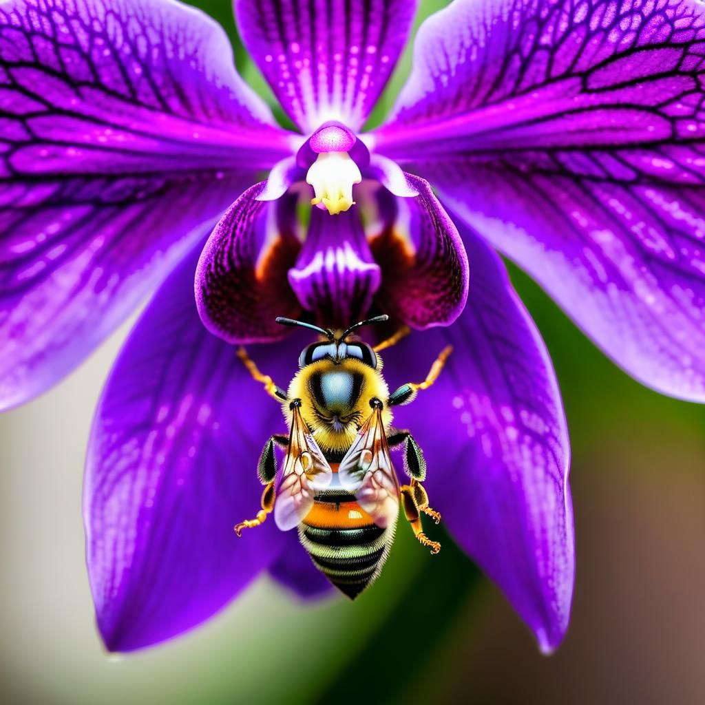 Macro Photography of a bee perched on a purple orchid flower...