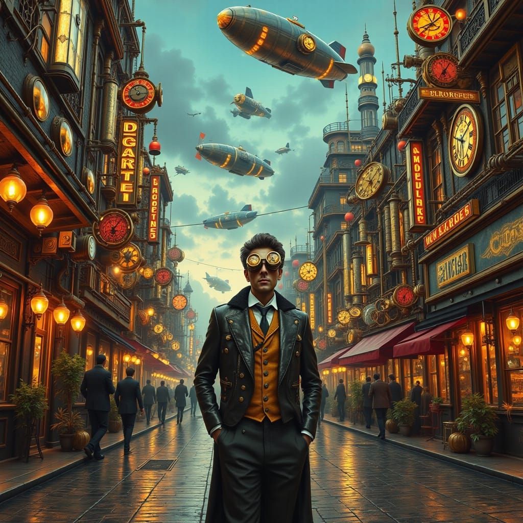 <lora:Contemporary SP v2:1.0> Ultra-detailed UHDR artwork of a contemporary steampunk metropolis at twilight, where glowing neon signs blen...