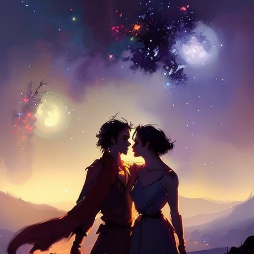 "two lovers embracing at night!!! starry sky background!! sp...