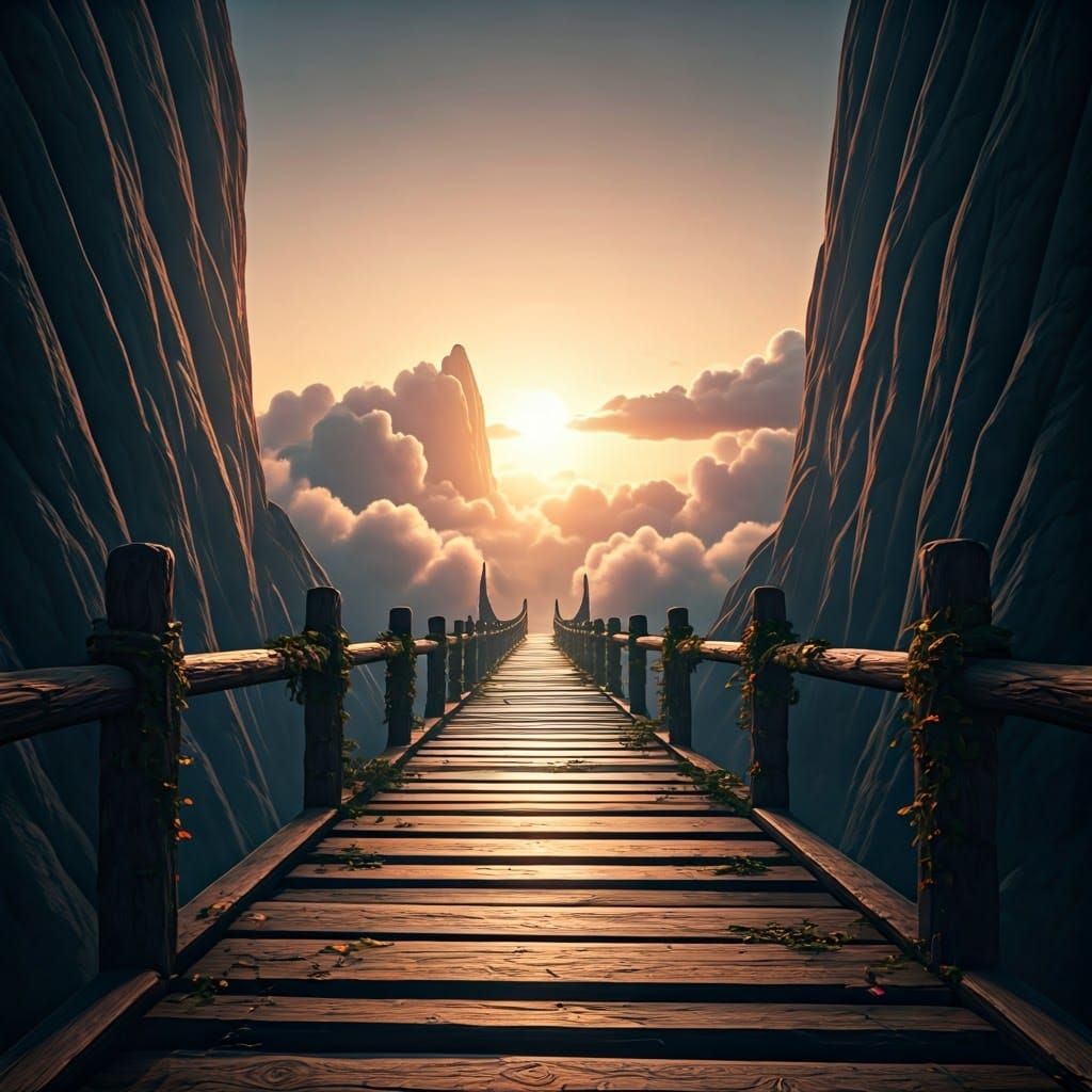 Wonderful Ancient Wooden Bridge Amidst Cloudy Mountain Peaks