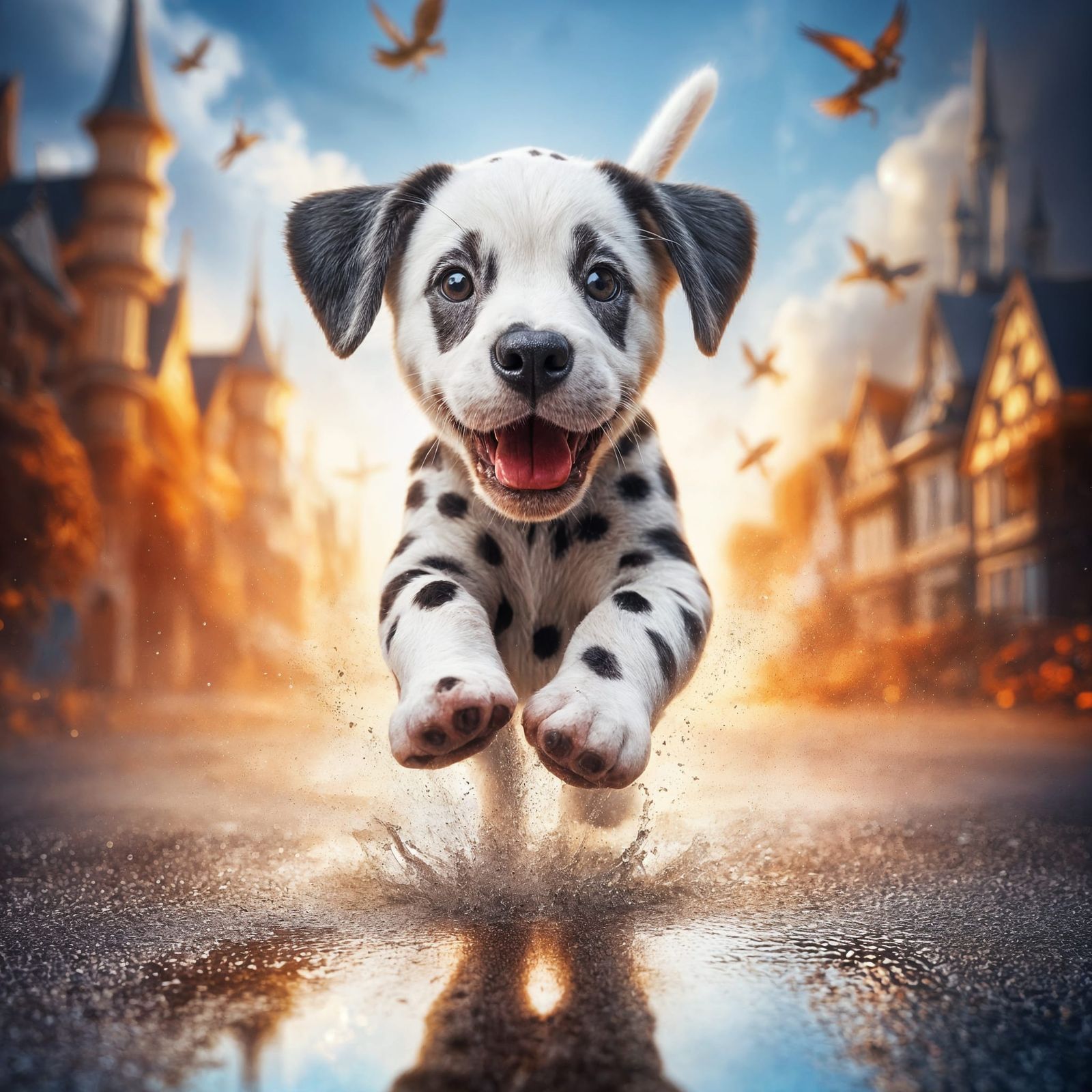 Macro portrait of a small Dalmatian puppy running towards th...