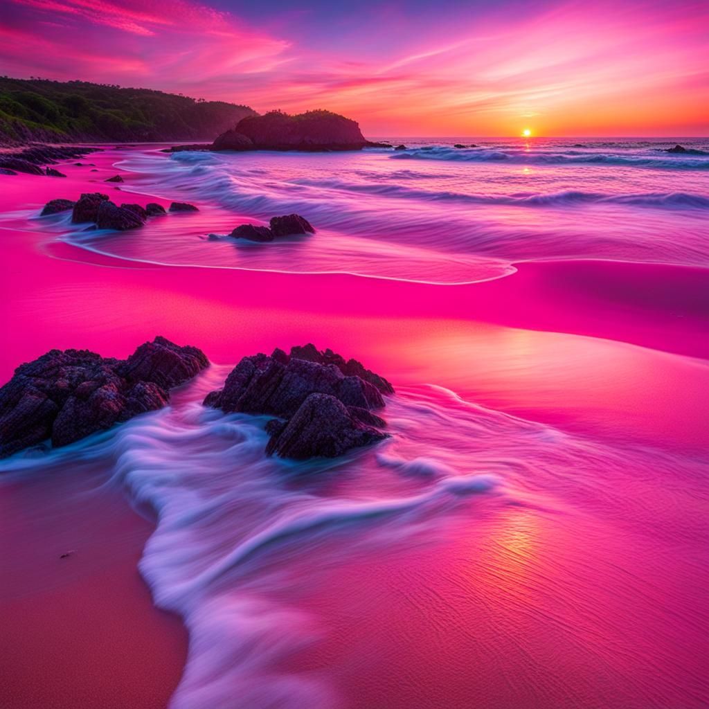 sunrise over an alien ocean, mermaids swimming in the waves,...