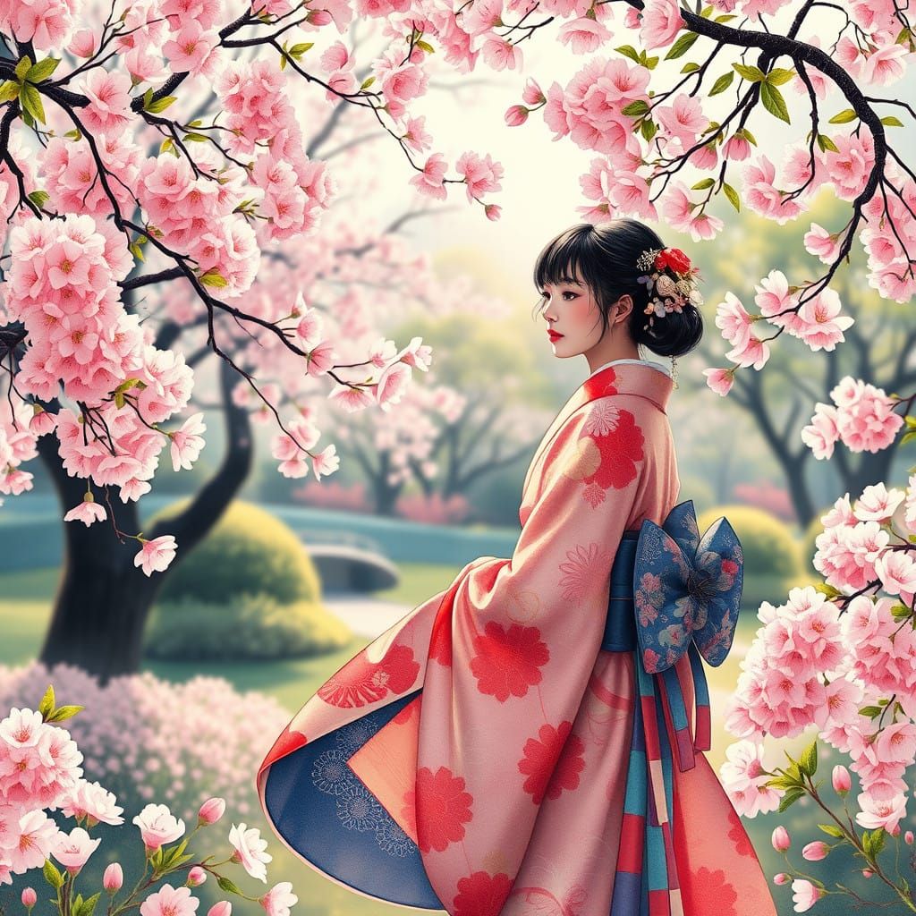 Cherry Blossom Serenade in Vibrant Murakami Style