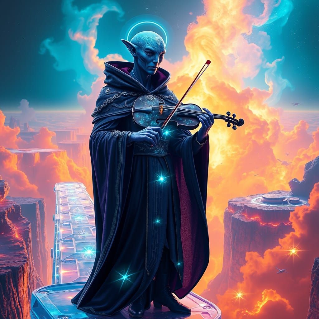 Regal Aliens on Energy Bridge with Crystalline Violin