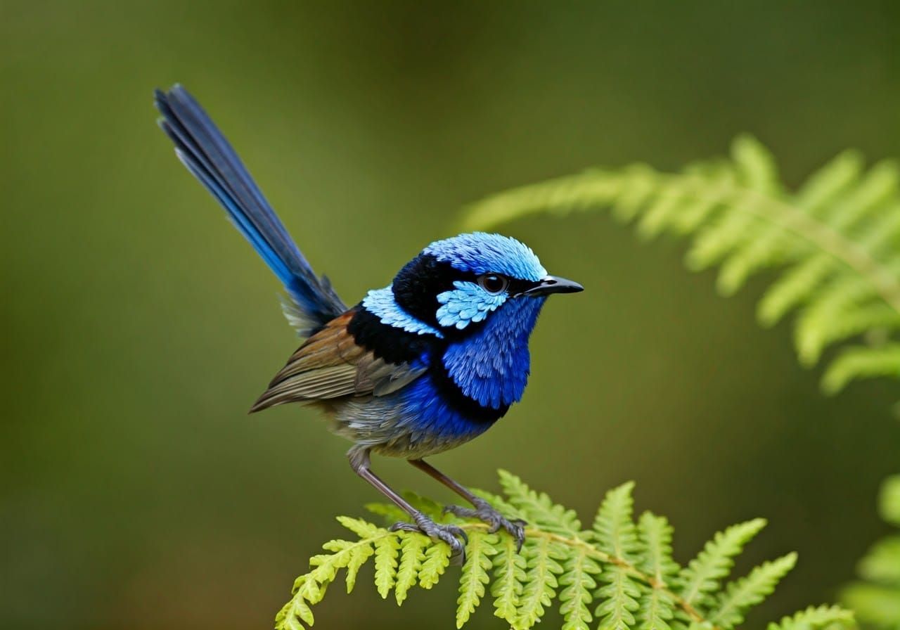 Australian blue wren perched on a fern  by @Runway Lights 