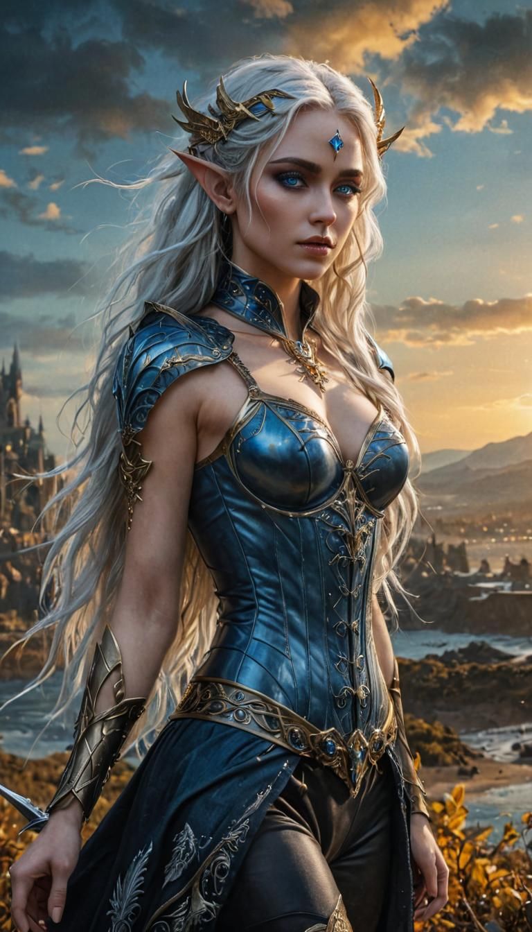 Dark fantasy concept art. Medium shot. An armored Darkness elf queen with large chest and gorgeous big blue eyes and with intricate gold tri...