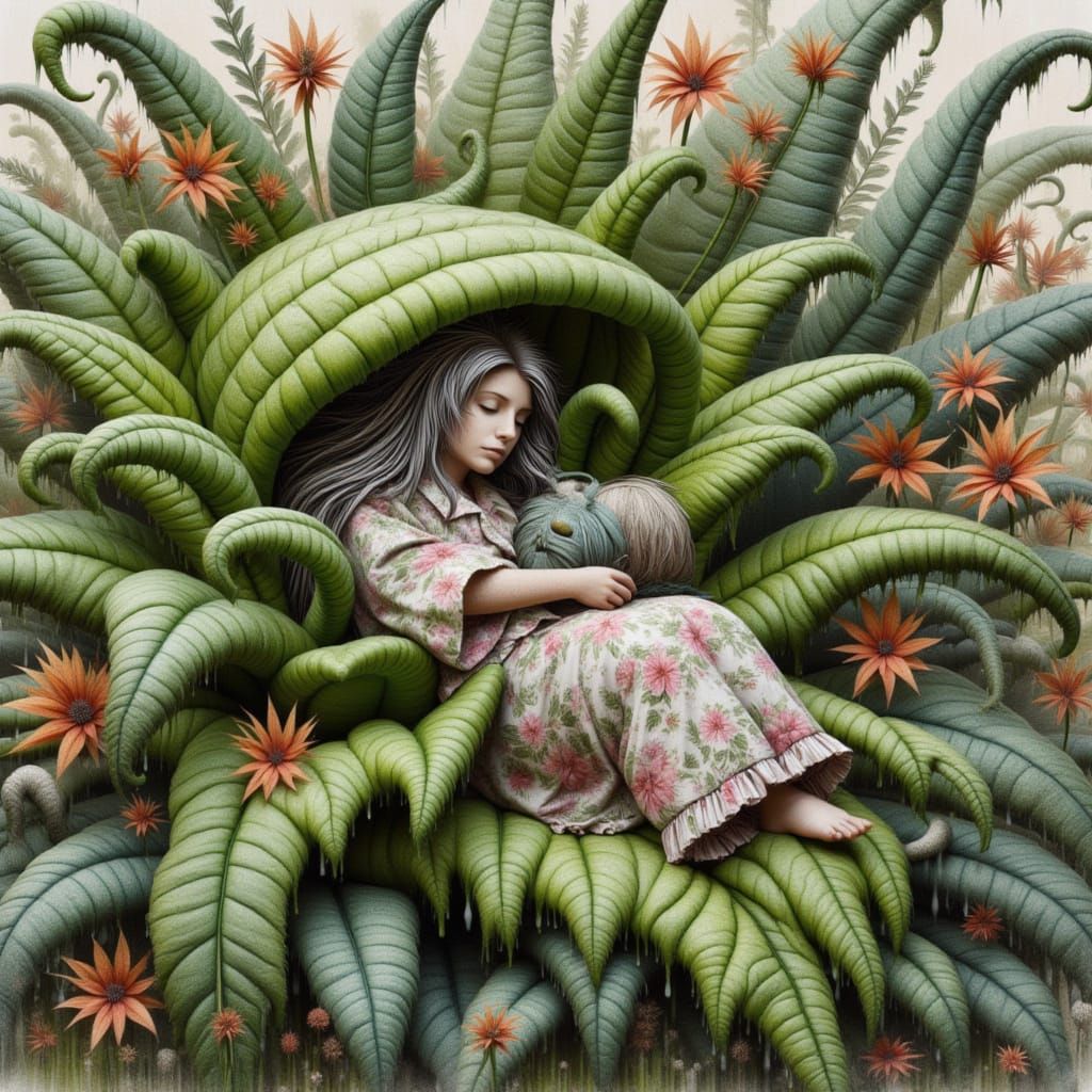 <lora:kak-karnivora:1.0>carnivorous plant, huge elderly woman sleeping inside, mixed media