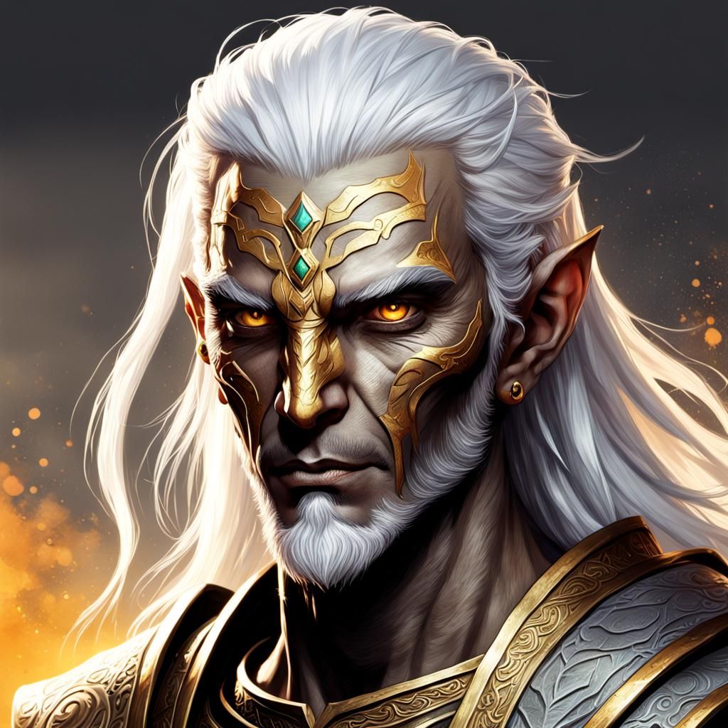 Detailed Dunmer male. Golden eyes. White hair.