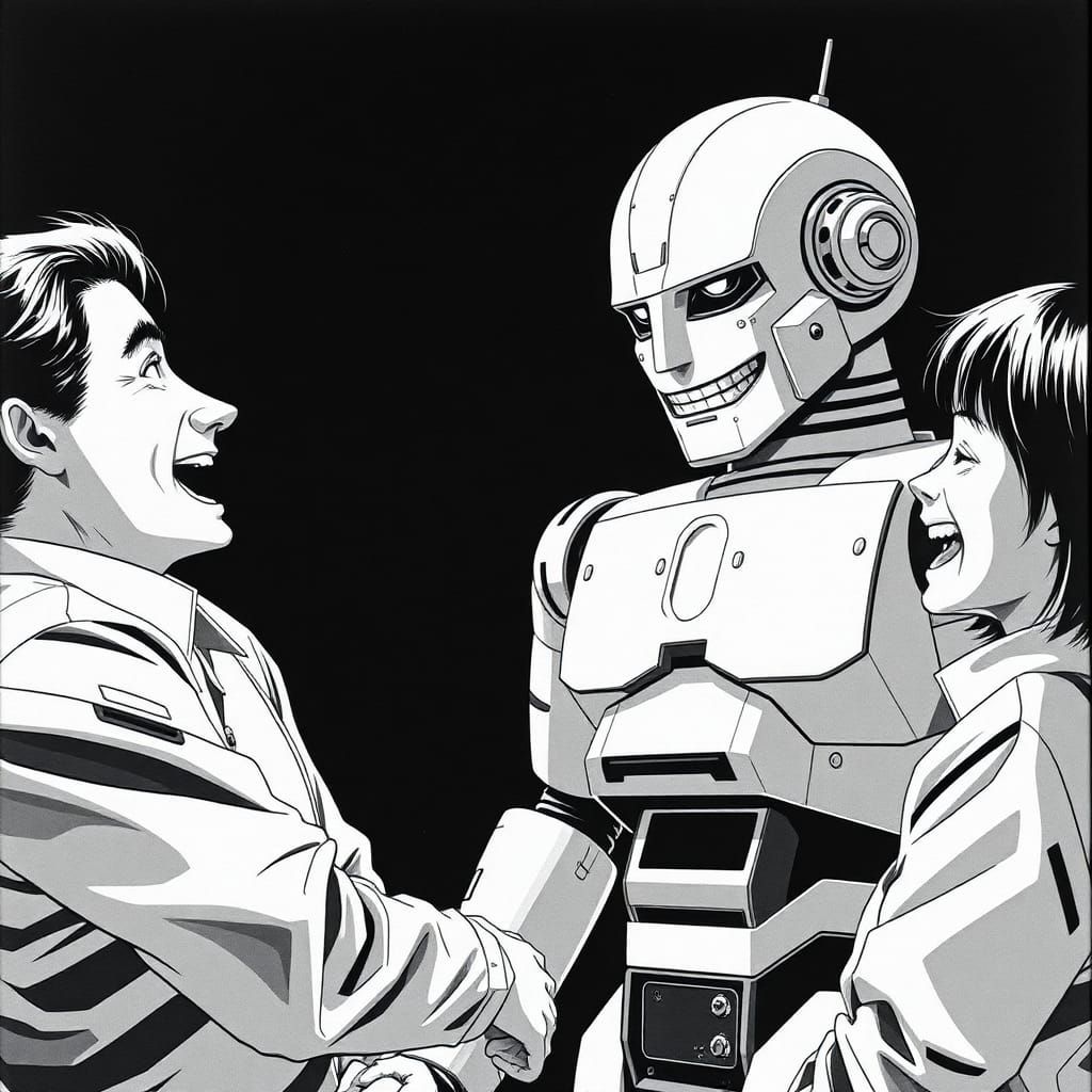 Black and white photo of humans laughing to a robot. Cassett...