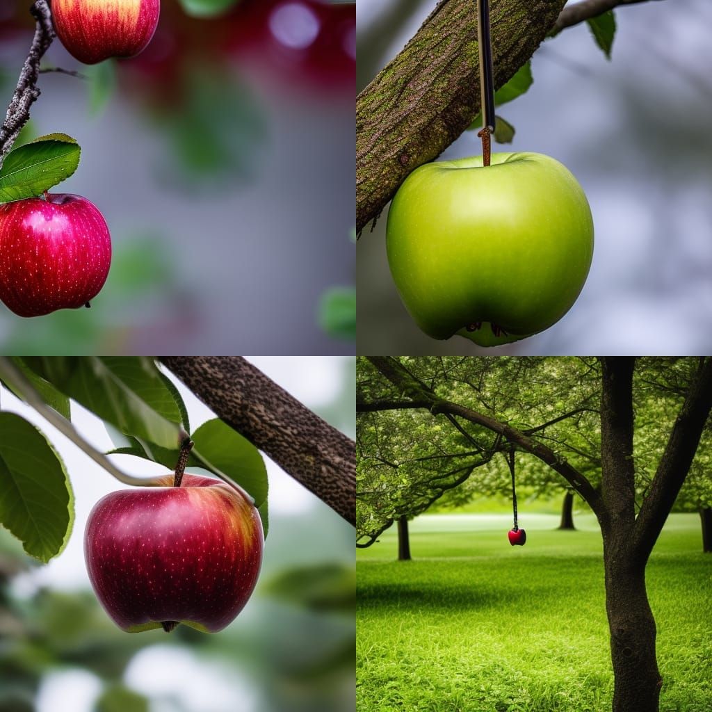 apple hanging from tree in rain, photography, photorealism - AI ...