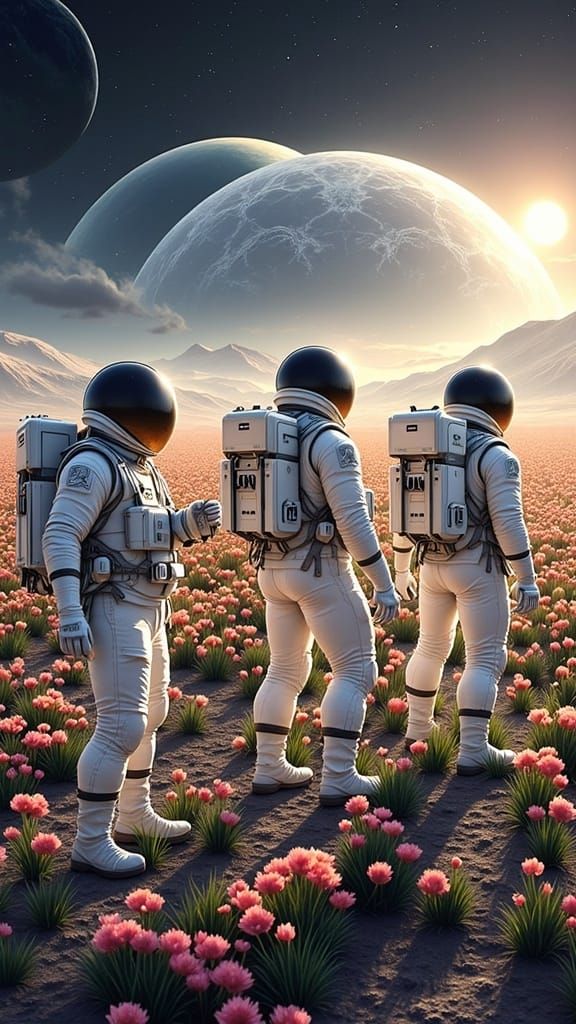 Three men in spacesuits tending to the flowers in a geodesic dome of atmosphere on the moon. <lora:Cosmic:1.0>