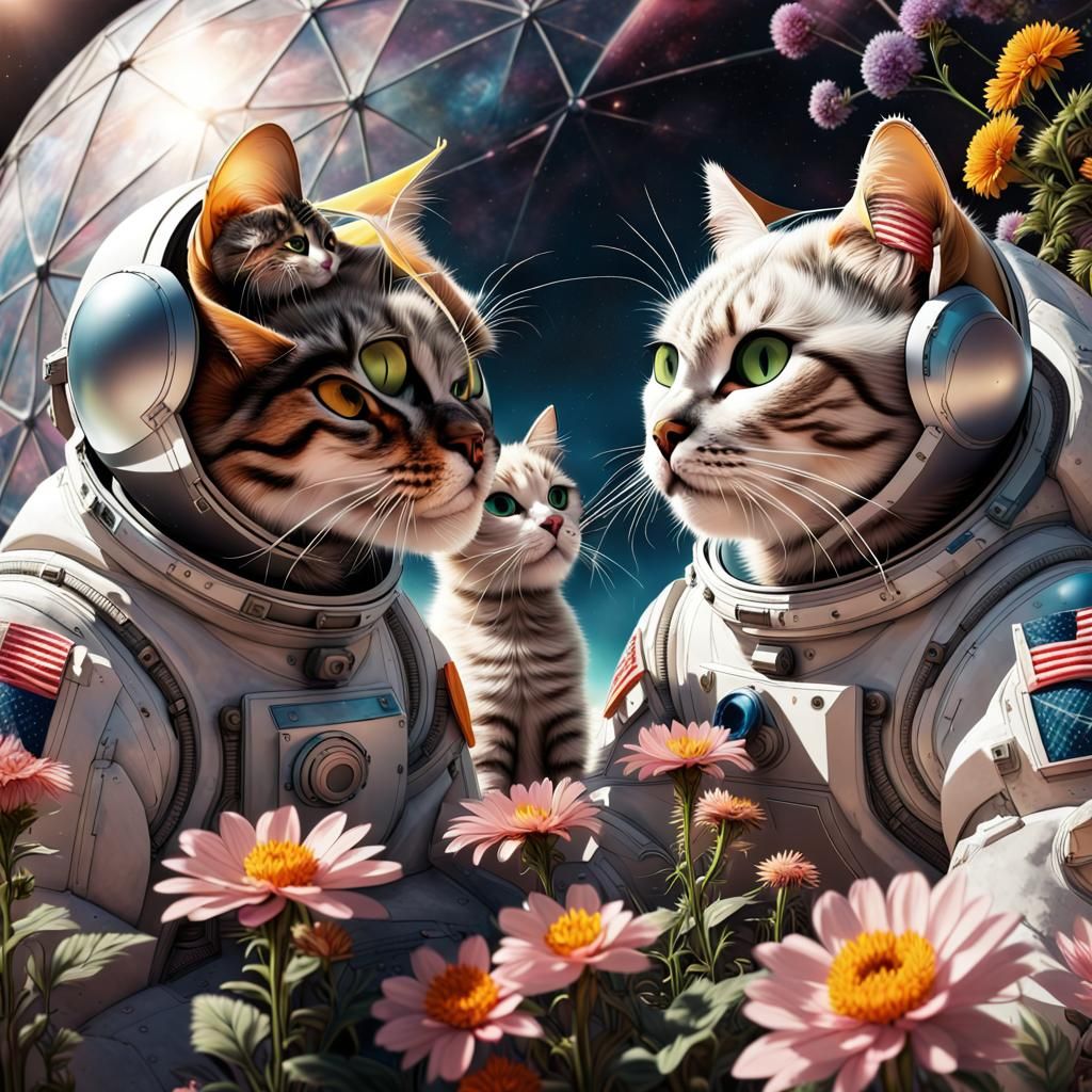 Three cats in spacesuits tending to the flowers in a geodesi...
