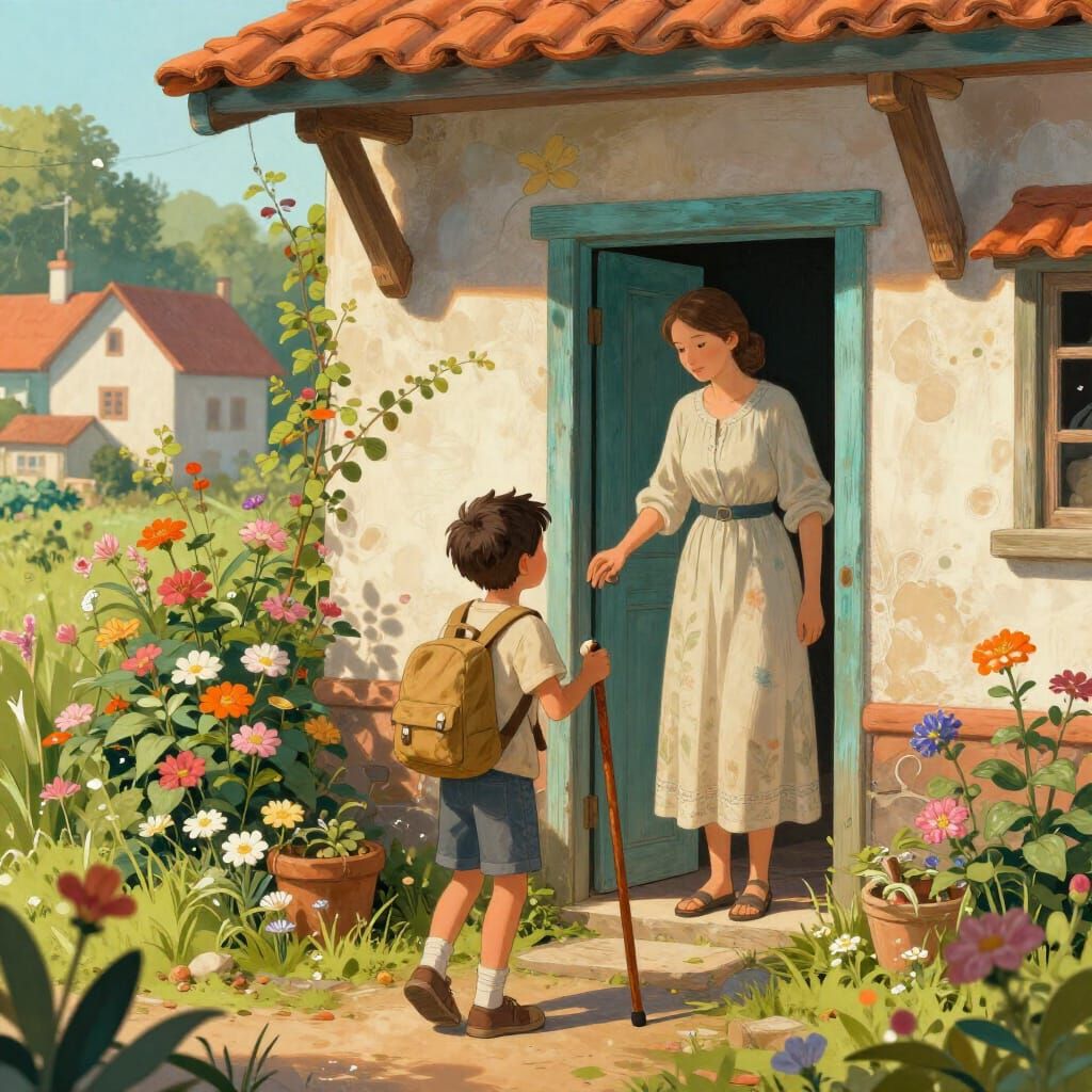 Boy Bids Farewell to Mother in Picturesque Village