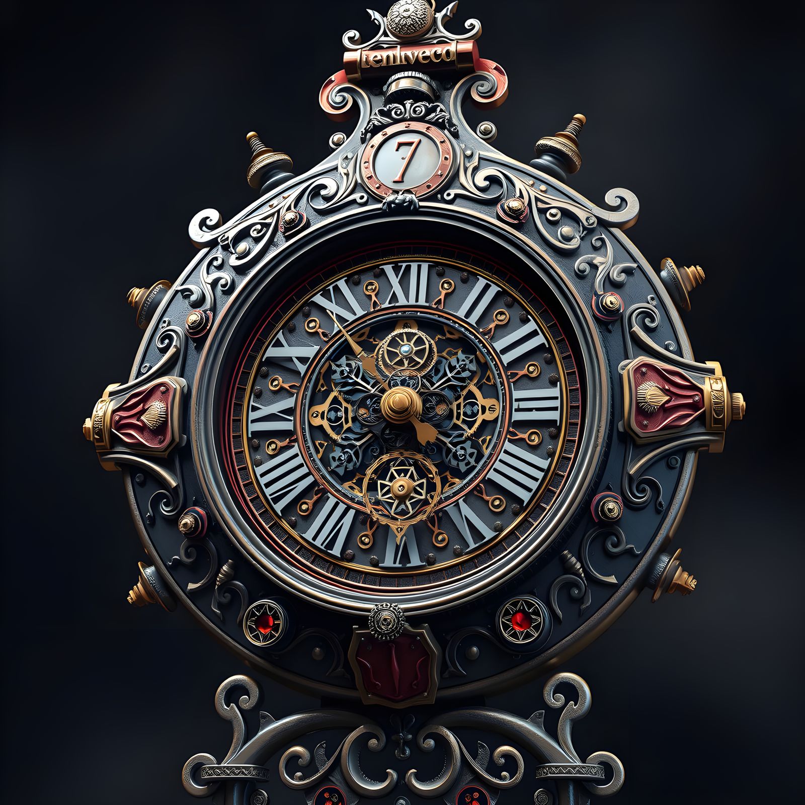 a metal clock with many screws, gears and springs, showing 1...