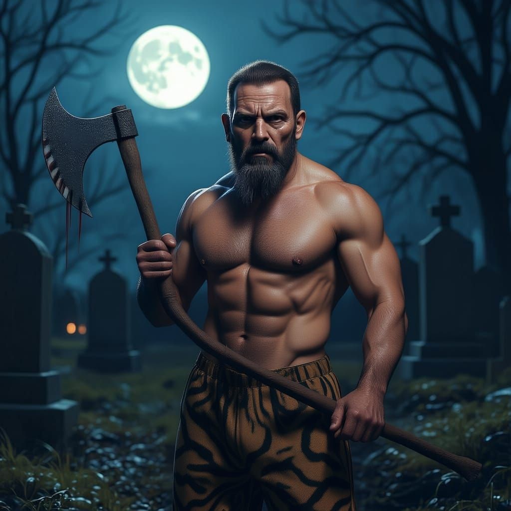A man holding a axe. He and his axe is covered in with blood. It's night time and he is standing in a cemetery. He is wearing a ghost mask 