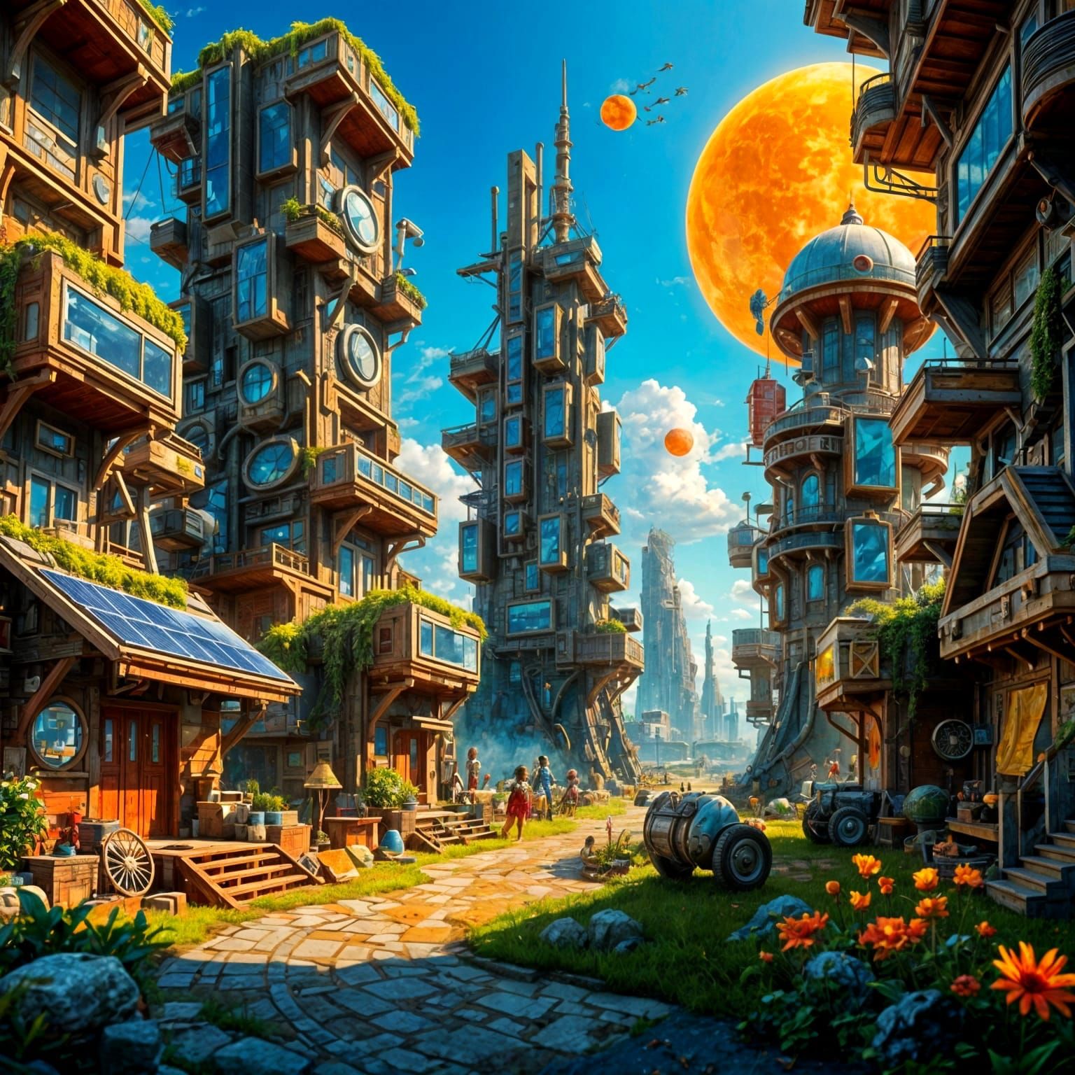 Solarpunk settlement, highly detailed, intricate, epic composition, bright colors, 8k, depth of field, ...  by @Beautiful Mind