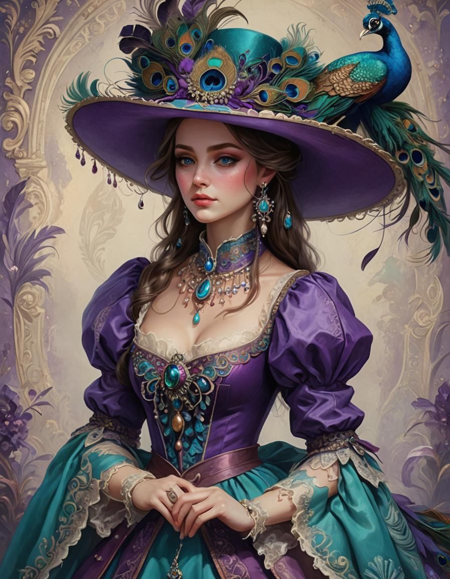 Charming beautiful bard, majestic stunning wide-brimmed hat of felt, with colorful peacock feathers, headband with silver studs and rattles...