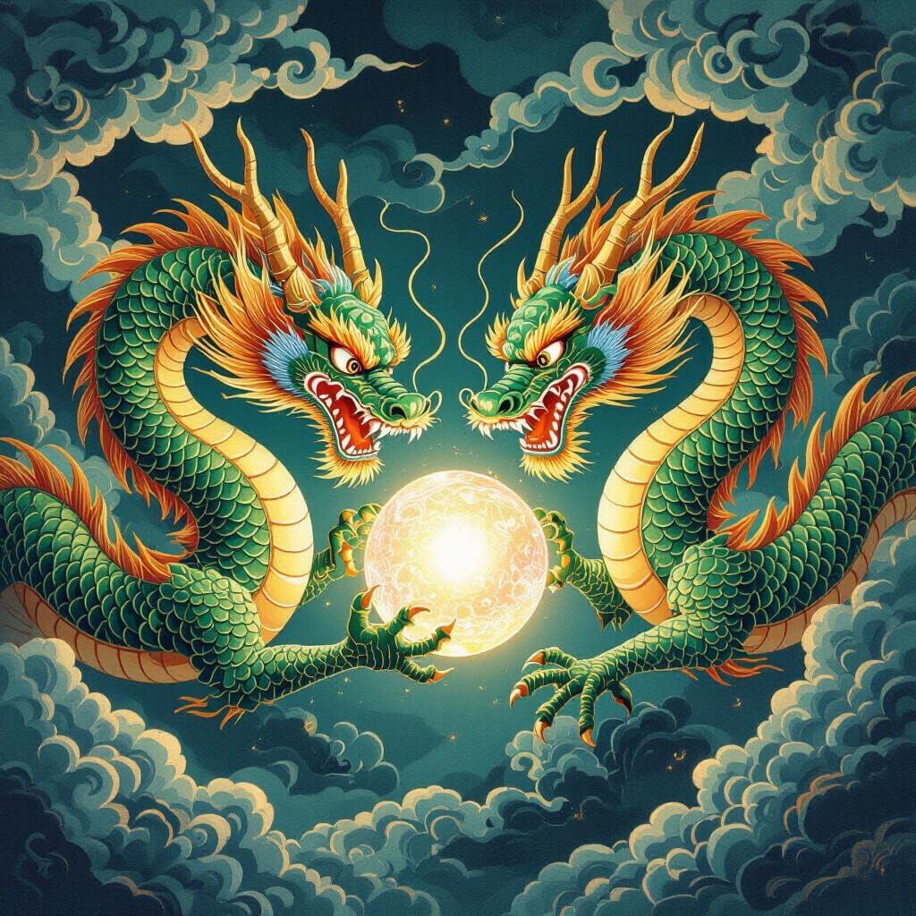 Two Dragons Battle for Glowing Pearl in Chinoiserie Style