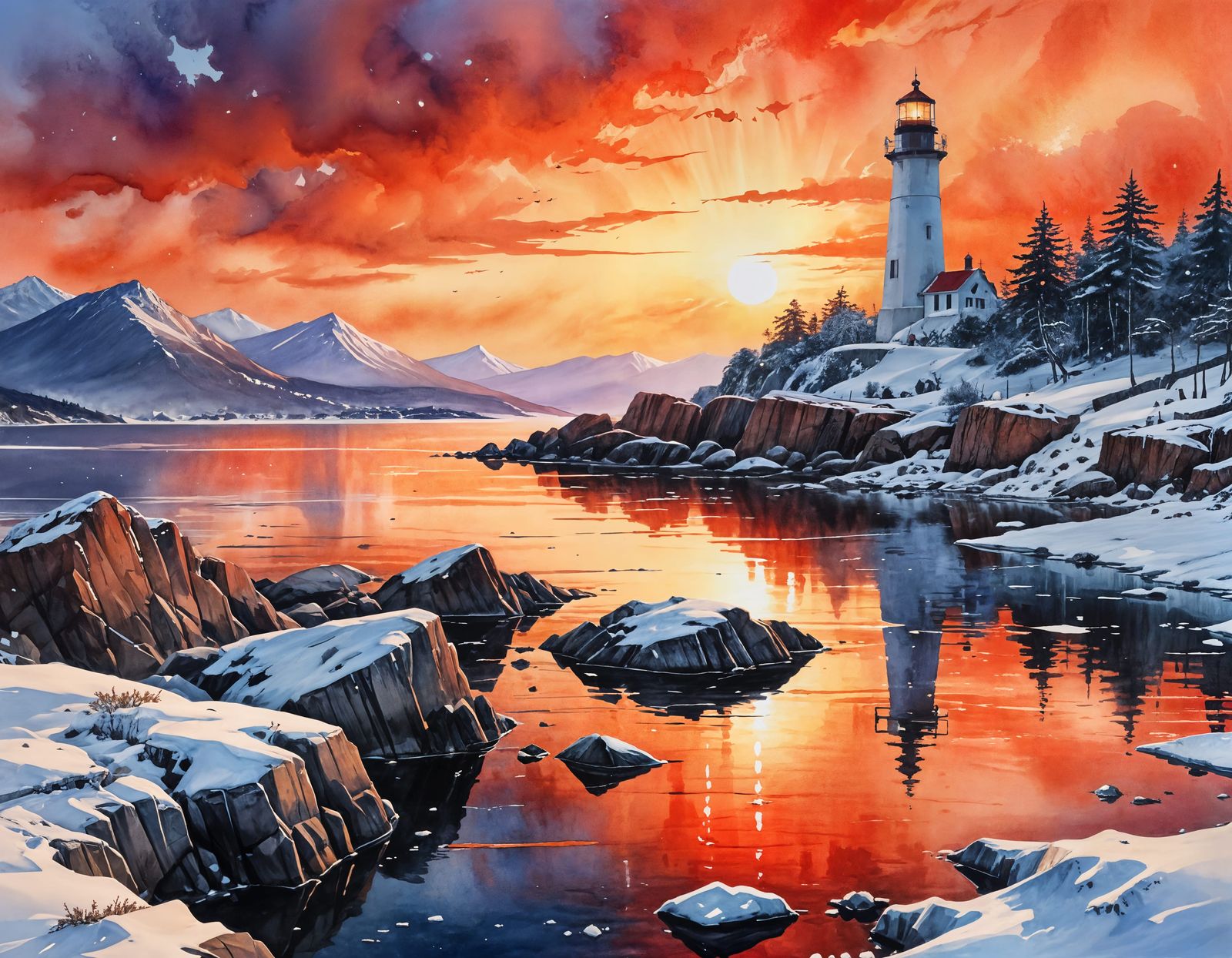Vibrant Sunset Coastal Scene in Watercolor