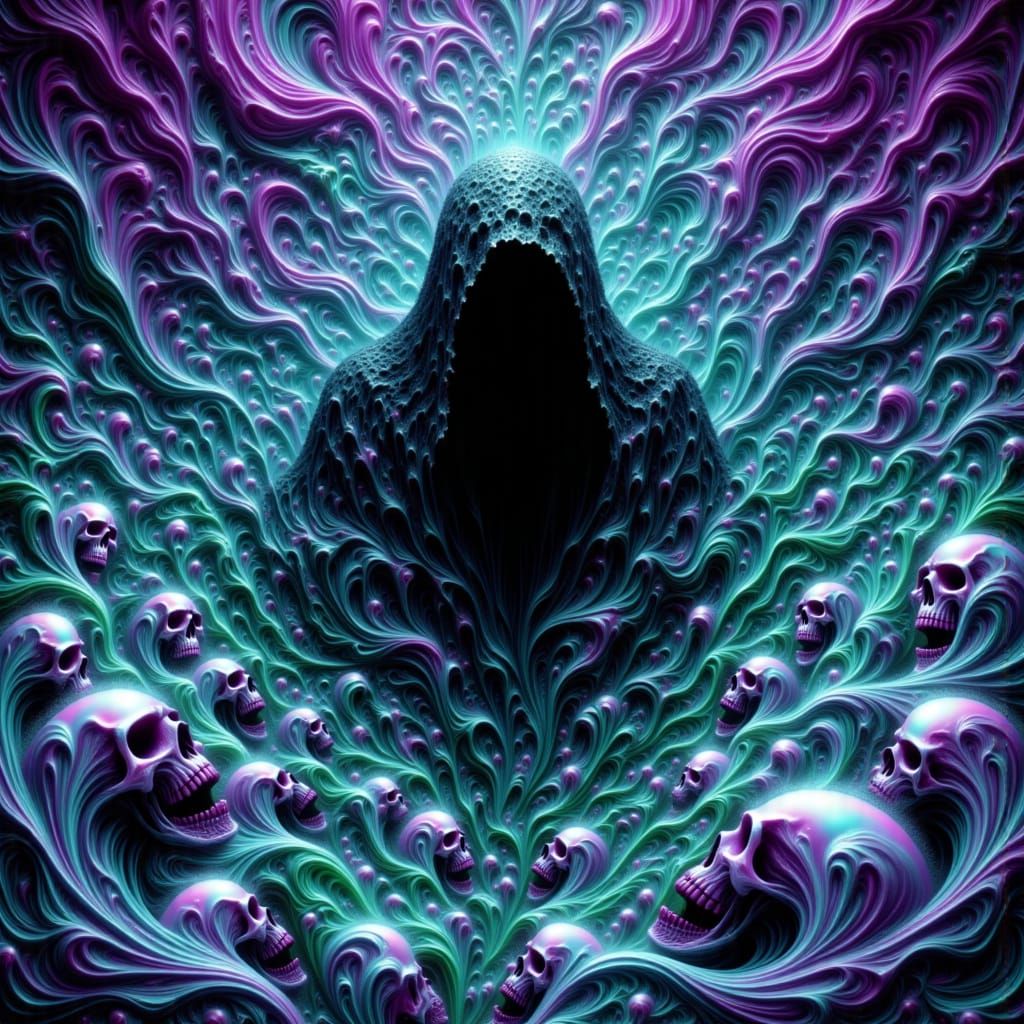 <lora:Reaper flux:1.0> Psycadelic water creating a Grim reaper, skulls float around the Grim Reaper in a macabre fashion while the skulls ar...