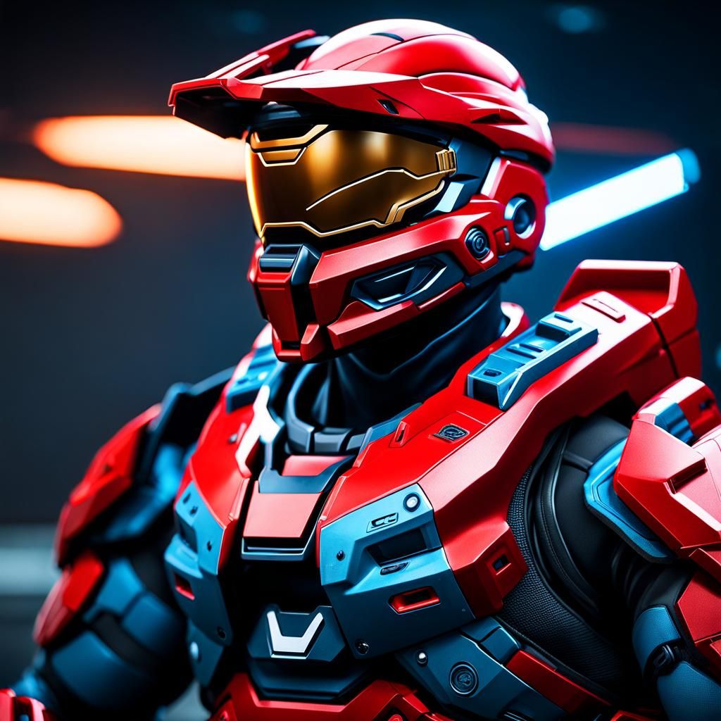 Halo red Spartan with a blue visor 
taking a break