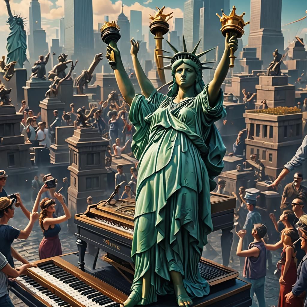 Statue of Liberty dancing on piano keys with her bikin on wh...