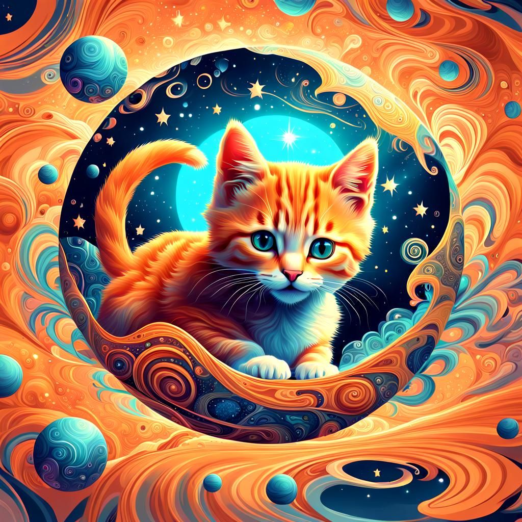Orange Kitten Floating on Glowing Orb: Dreamy Concept Art