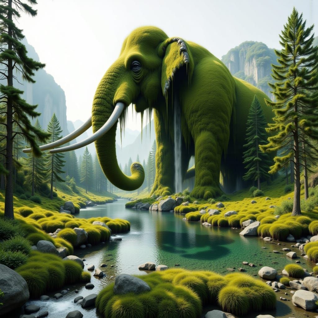 <lora:cryptogam:1.0> Surreal conceptual art mammoth is part of the landscape, formed from rocks, hills and moss, grass with winding paths, h...