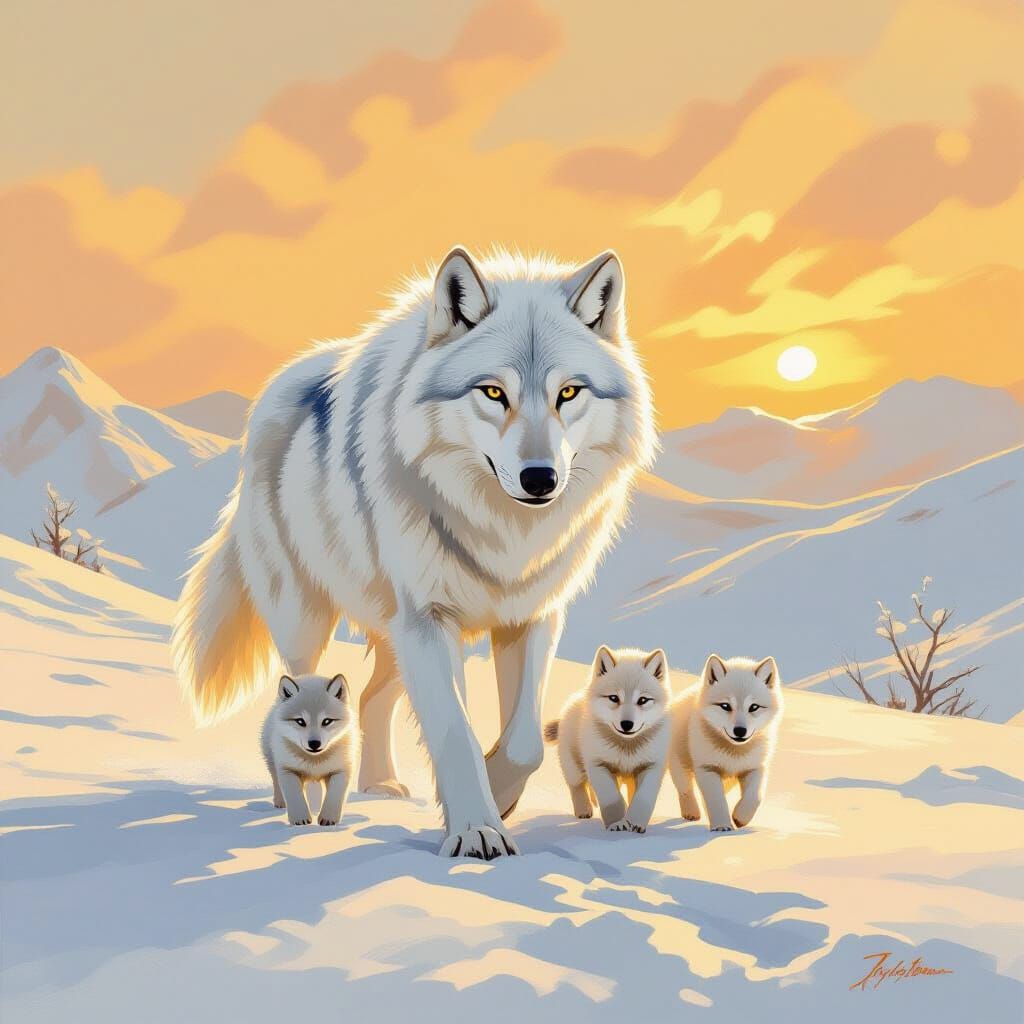 White Wolf Family in Winter Landscape as Impressionist Paint...