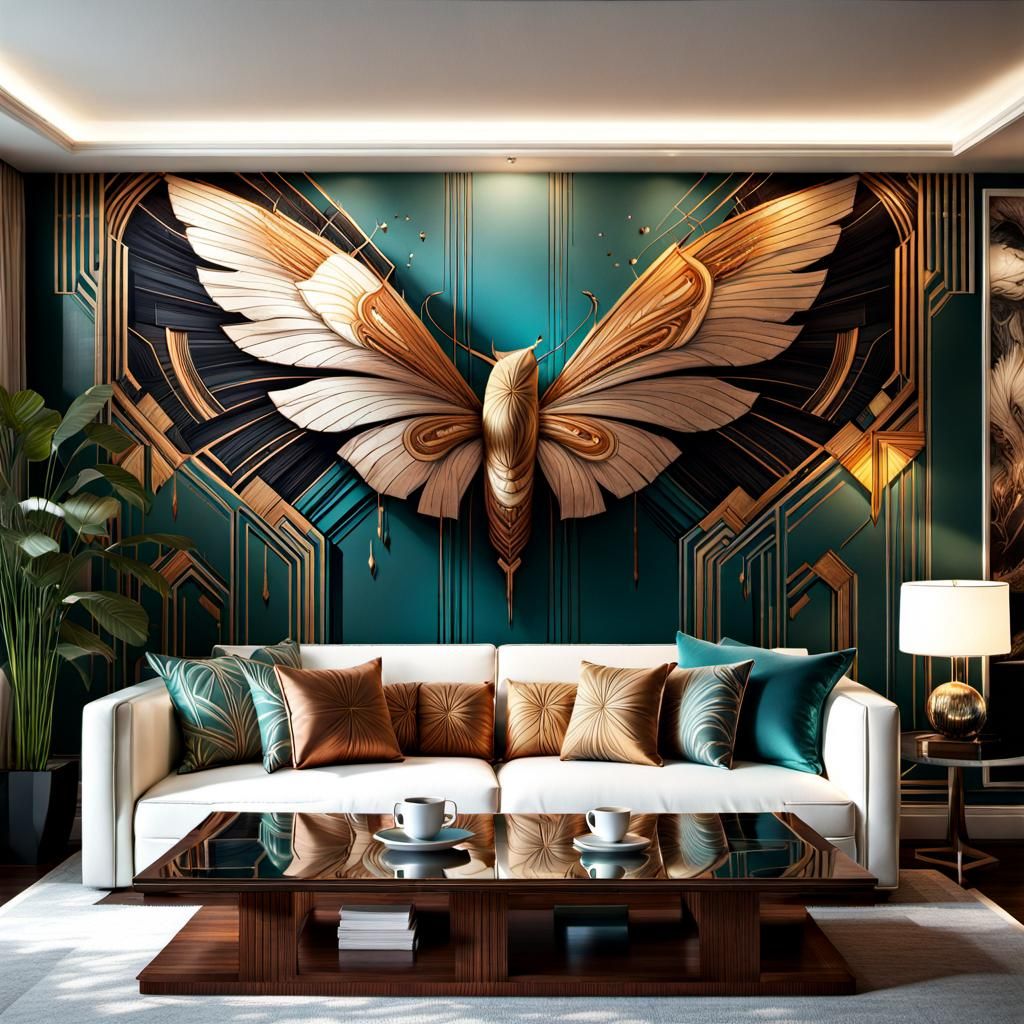 Digital illustration of art deco mural  on a living room