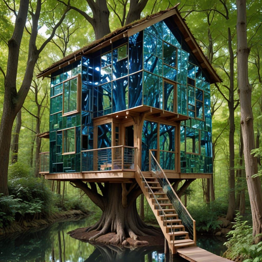 Mirrored treehouse amazingly realistic, mesmerizing,see through blues