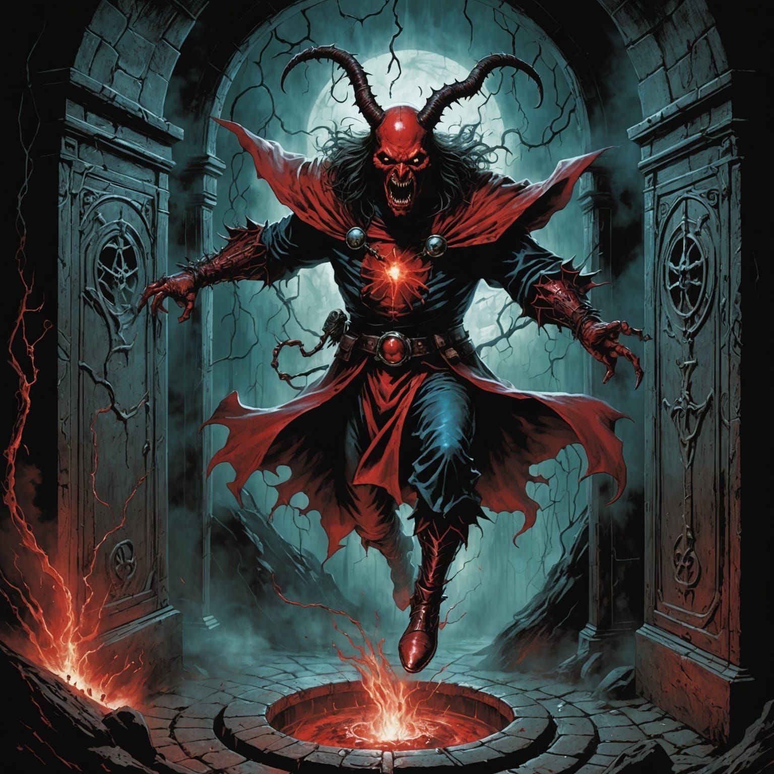 A demonic cherry 🍒 jumping out of the magical portal attacking a terrified wizard.