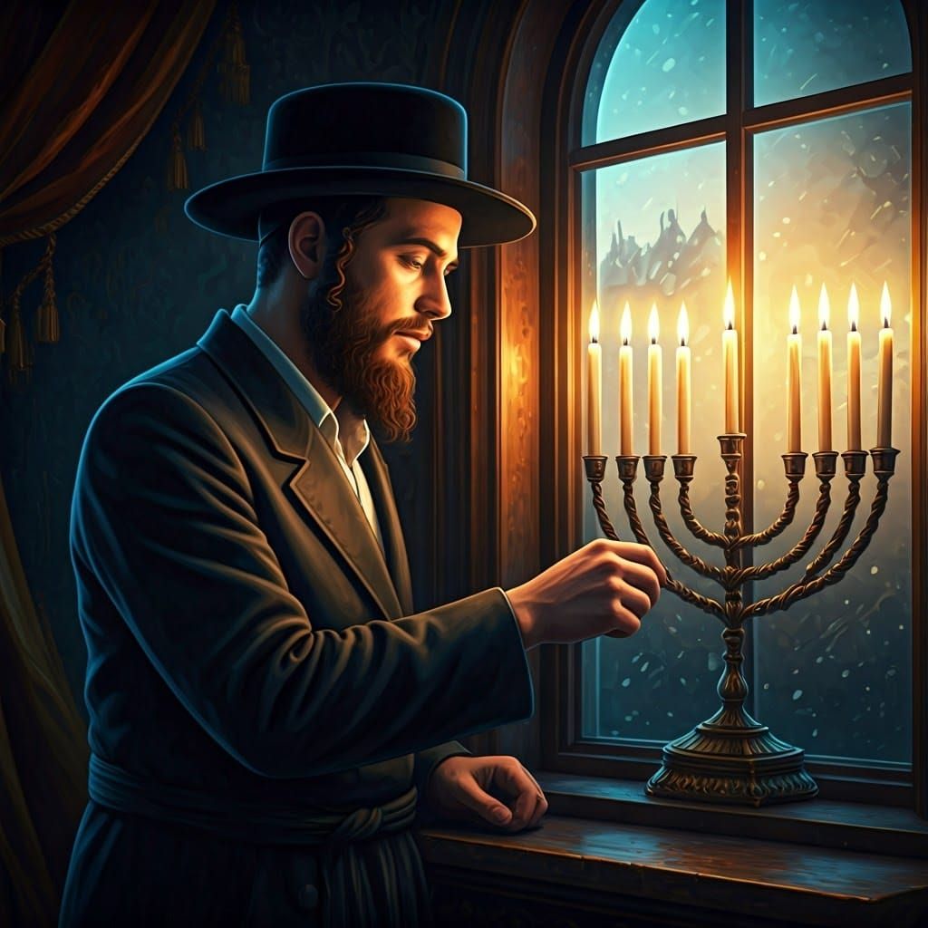 Rabbi in Contemplative Reverence Lights Menorah in Majestic...
