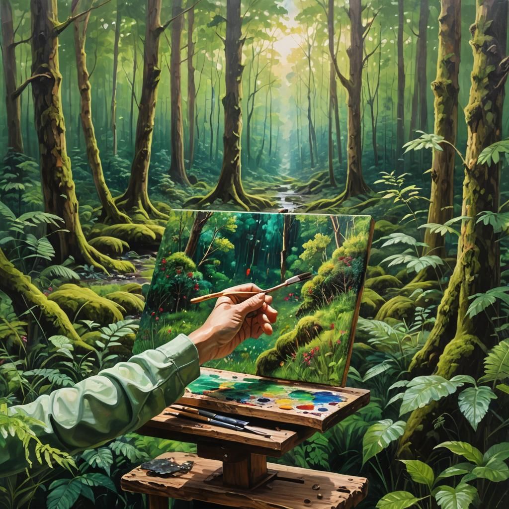 Lush Forest Oil Painting with Hand and Brush