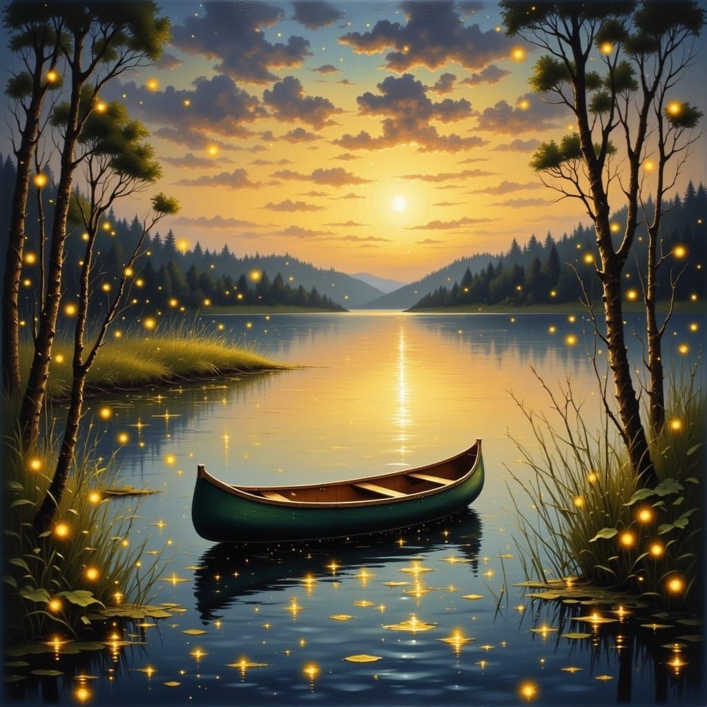 <lora:Fireflies:1.0> Encaustic, Impressionistic oil painting.  At twilight, a canoe on a lake with brush near the edge of the image on both...