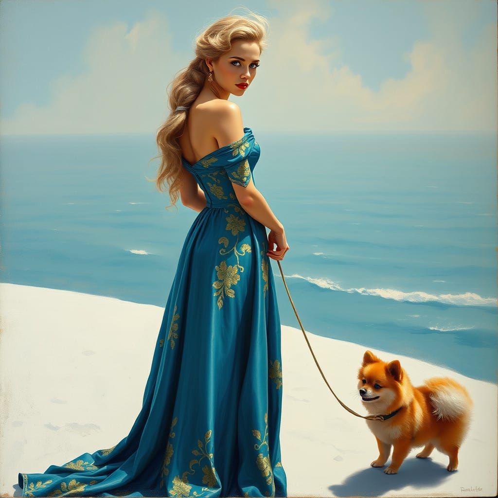 Ethereal Blue-Gowned Beauty Contemplates Turquoise Sea
