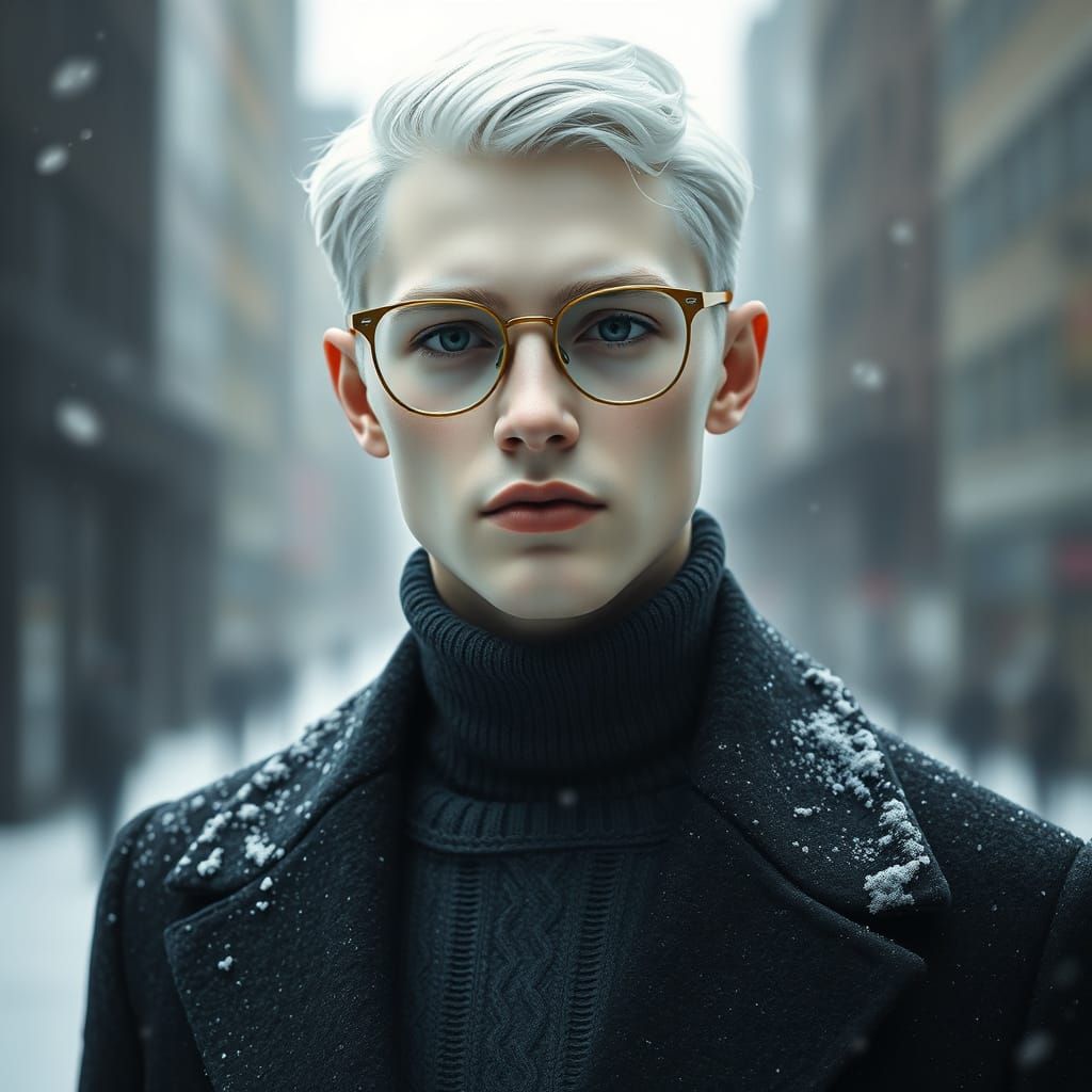 Elegant Albino Man in Snowy Cityscape Portrait