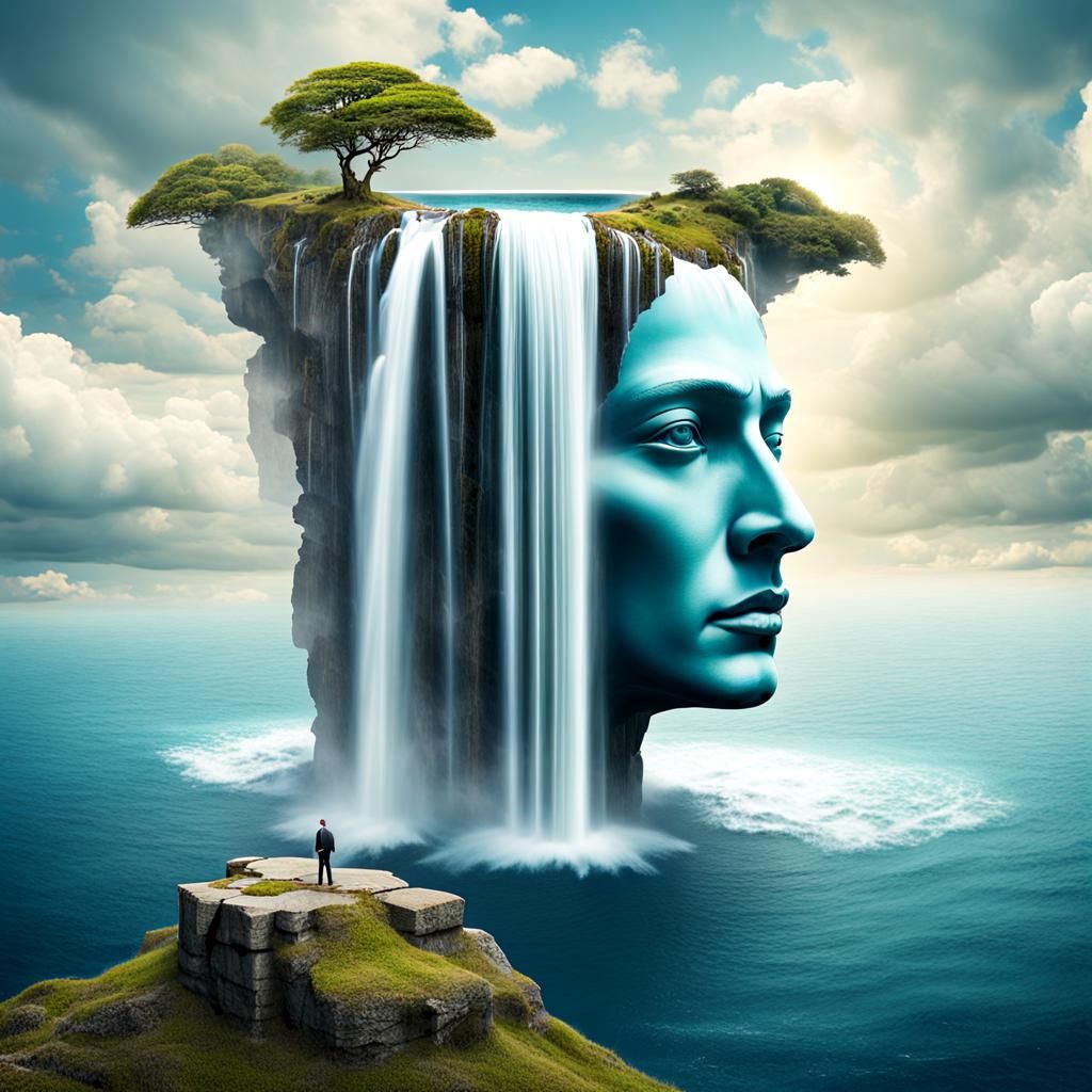 Eclectic surreal fusion waterfall turned head high above the sea  by @FullMoon
