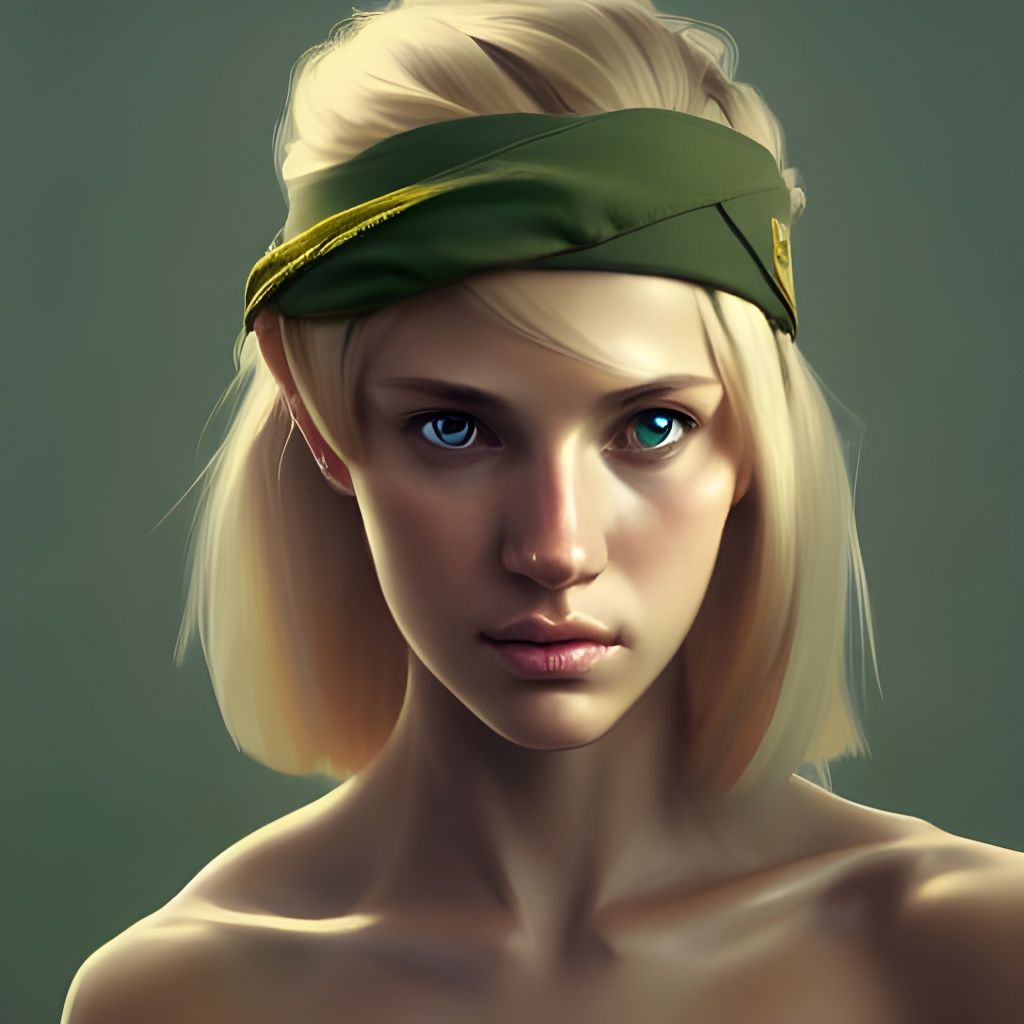 blonde female soldier headband in a green tank top, head and...