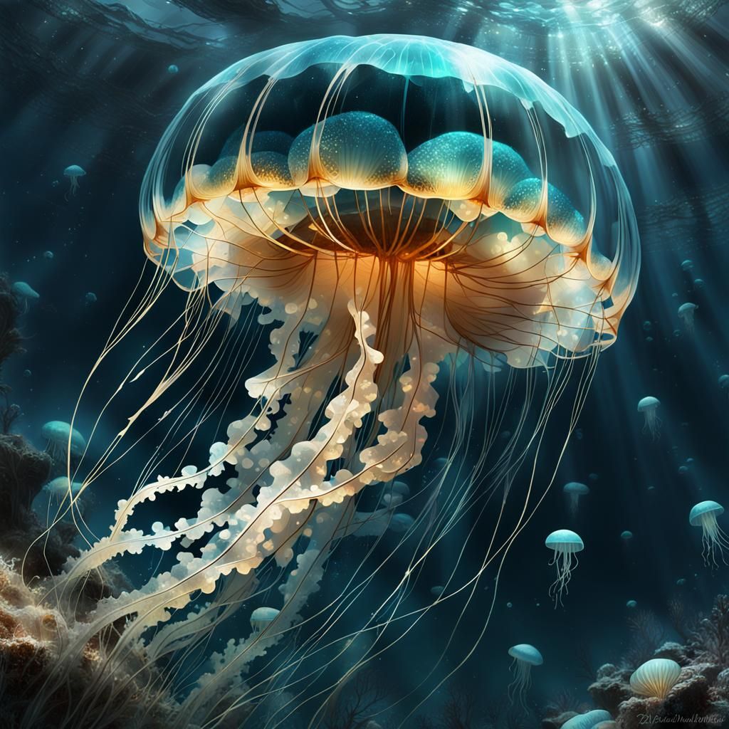 Glittering Jellyfish under the ocean  by @Alfred Stephens