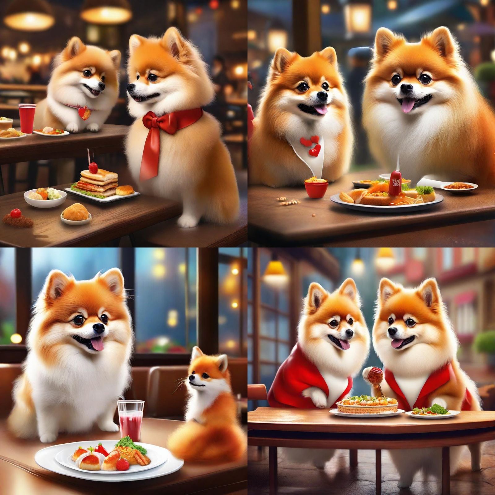 a cute Pomeranian having meal at pet restaurant, rainy outside, show ...