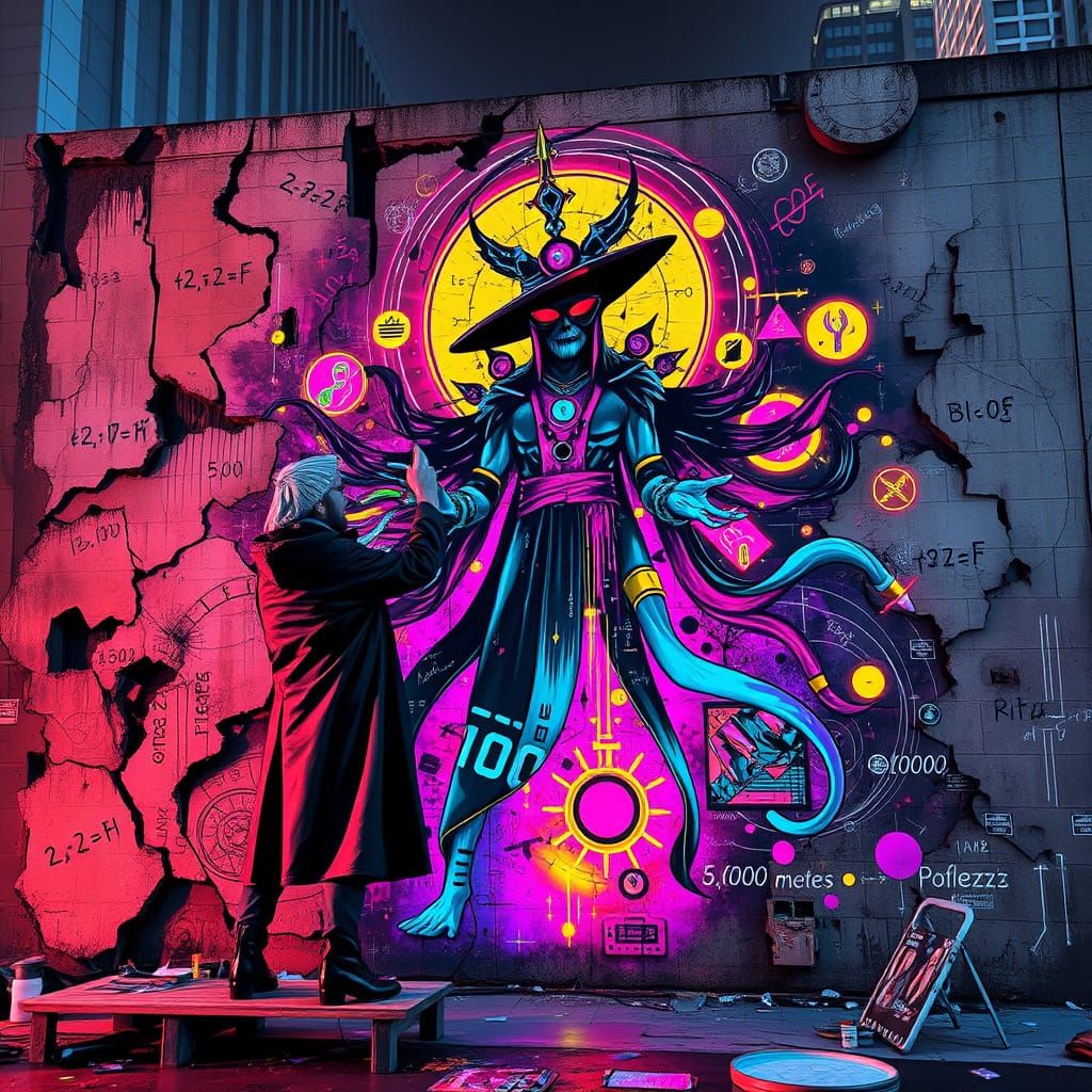 glitching deity on a crumbling wall 