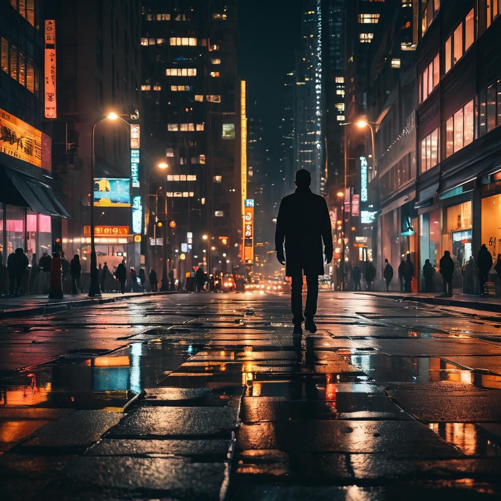 Vibrant cityscape. Medium shot. A person walks down a busy s...