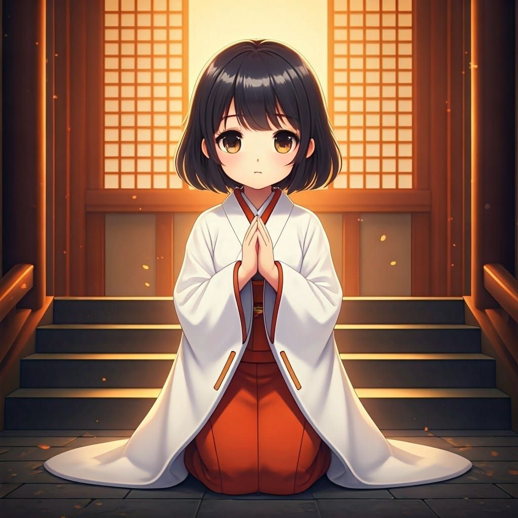 Anime-Style Japanese Woman in Prayerful Reverence