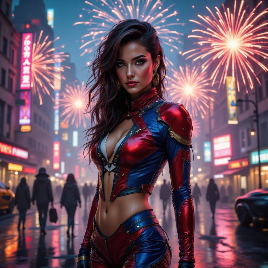 Futuristic Model in Cityscape with Fireworks