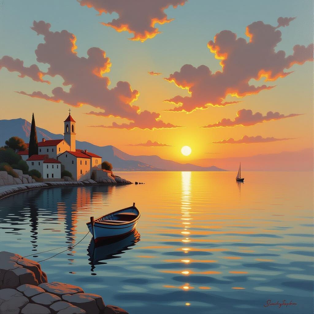 Surreal Sunset Sailboat Journey to a Dreamlike Village