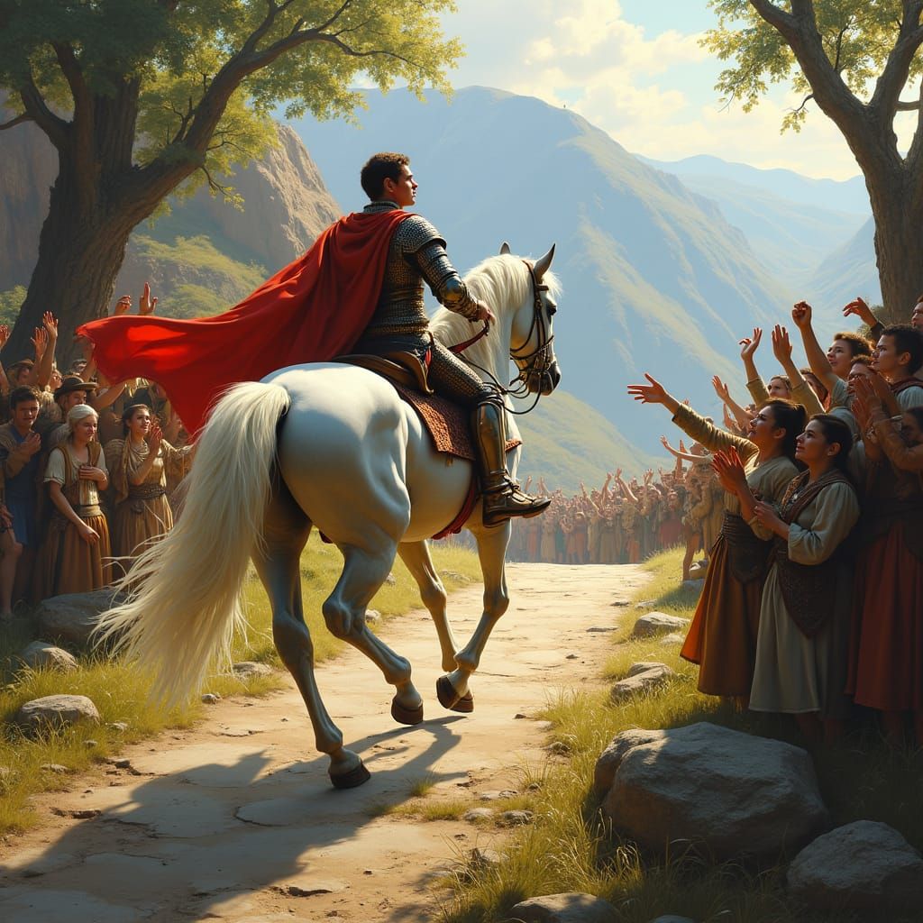 Noble Rider on White Horse Ascends Mountain