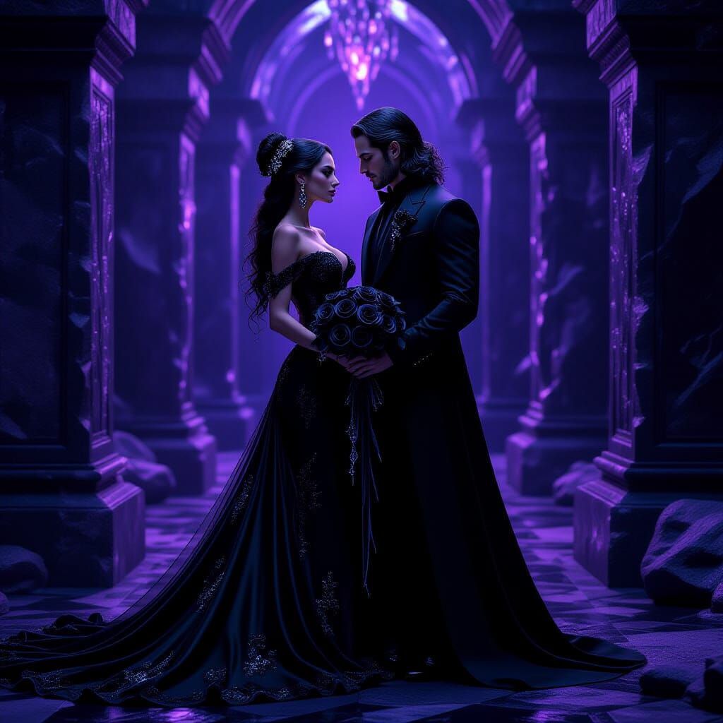 Full black magical couple with black roses black stone diamonds