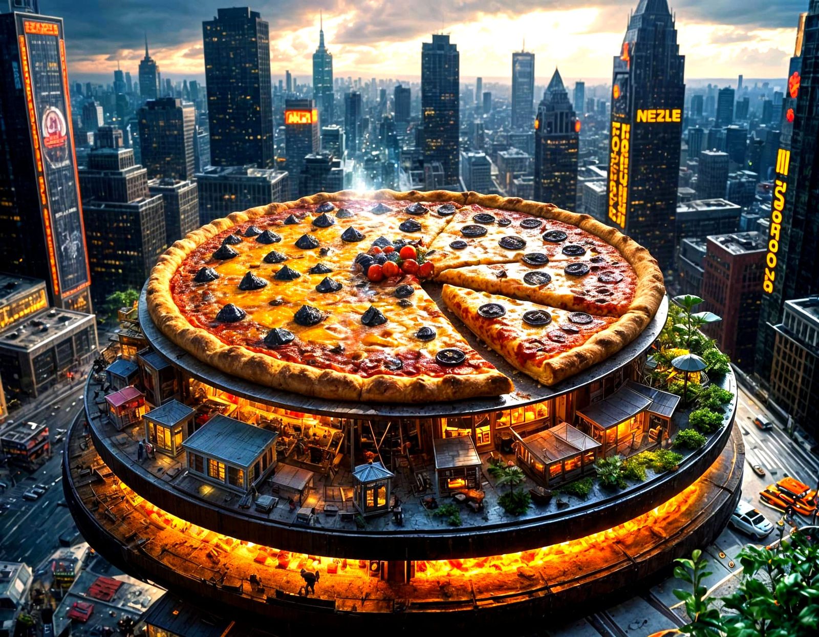 Surreal pizza building   by @Momo