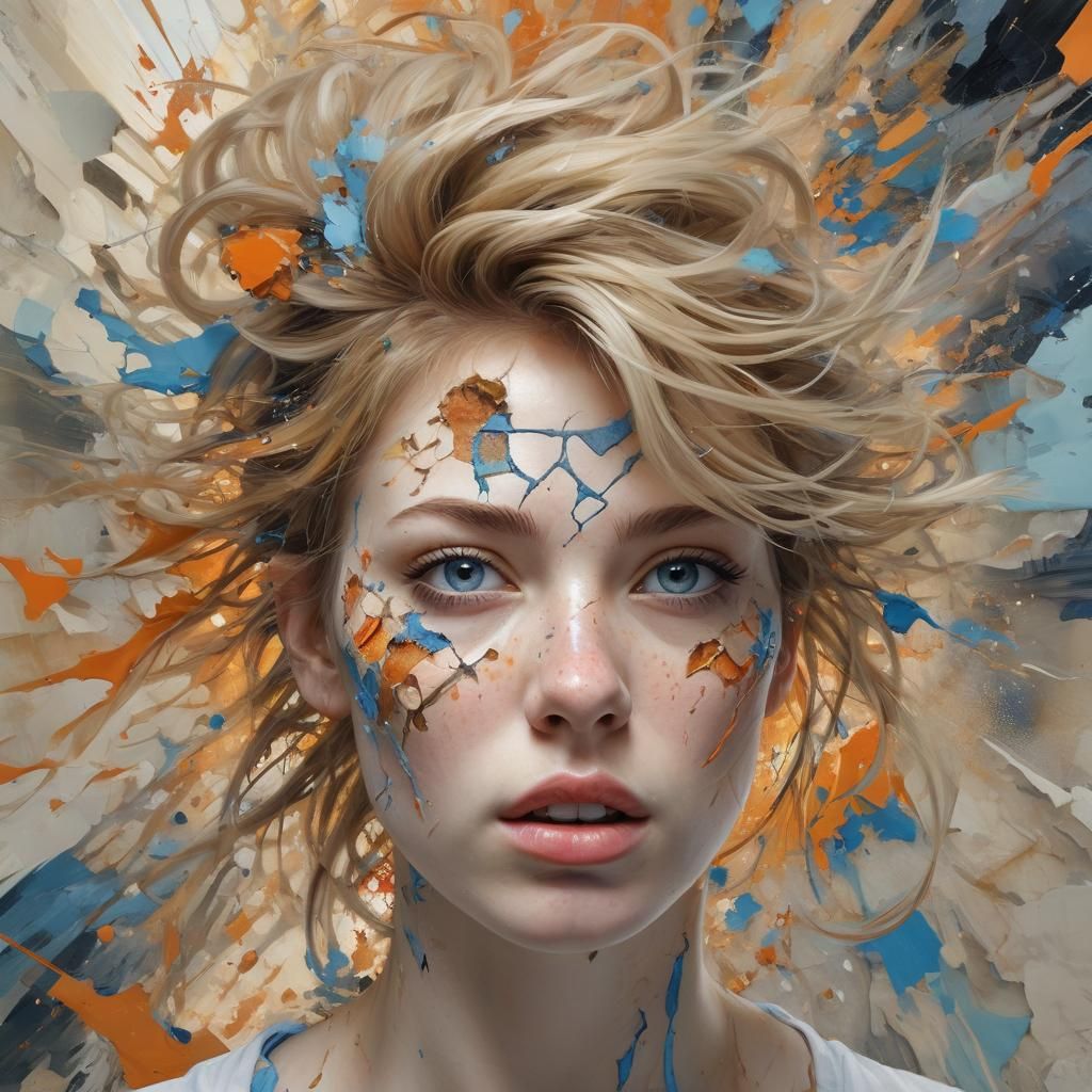 hyper-realistic digital painting of a young woman with an expression of ...